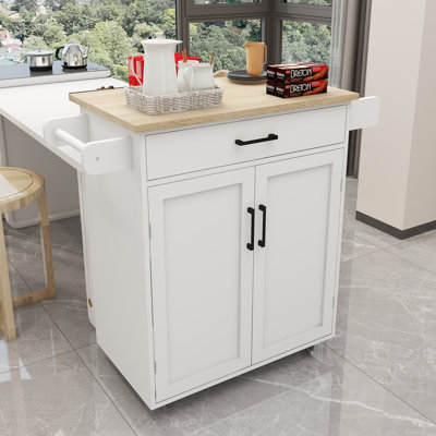 White Kitchen Trolley With Farmhouse Door And Rubber Wood Top Table, Kitchen Island