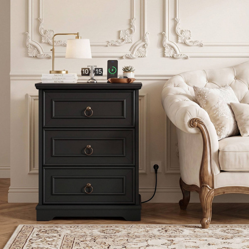 3 - Drawer Nightstand with Charging Station, Black