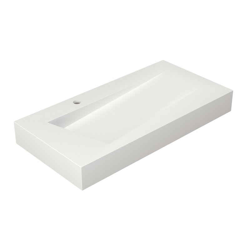 35 X 18 In. Solid Surface Wall Mount Bathroom Vessel Sink With Faucet Hole In Matte White