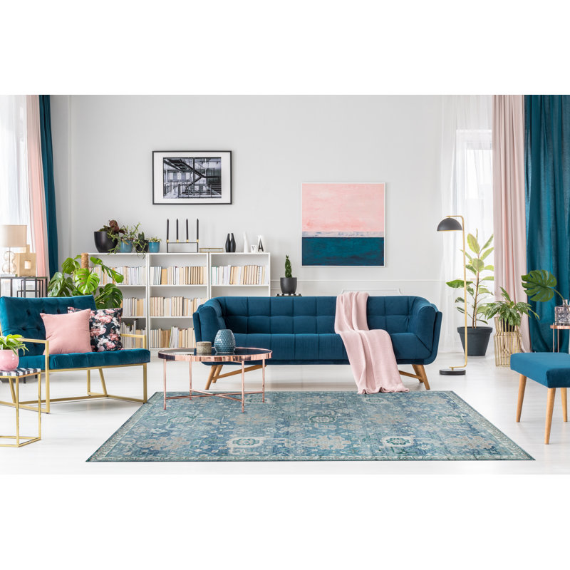 Magnifique tapis oriental bleu classique en laine noué à la main Oushak, Rectangle 6 pi x 9 pi