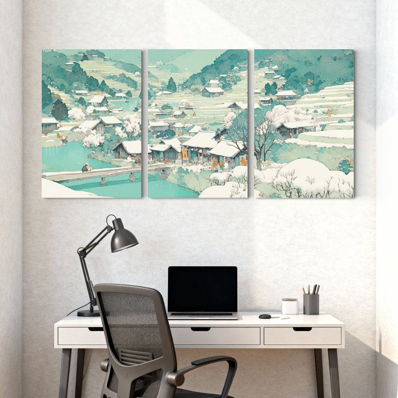 Paysage et nature, paysage de village d'hiver avec maisons enneigées et pont, ensemble de 3 impressions sur toile