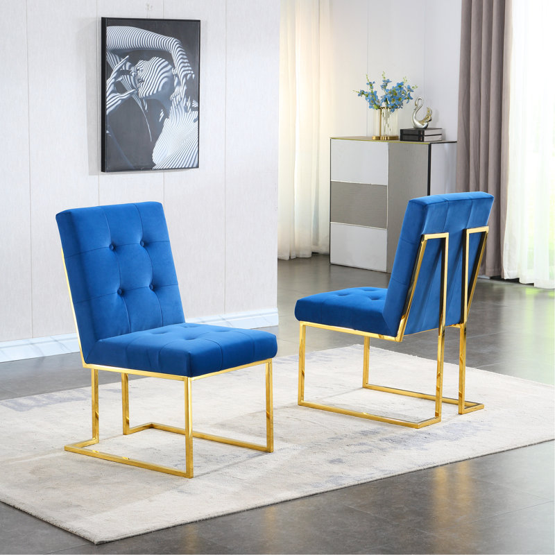 De 2 chaises de salle à manger modernes - base en acier inoxydable, velours bleu, doré et velours à utilisation instantanée, aucun effort d'assemblage requis