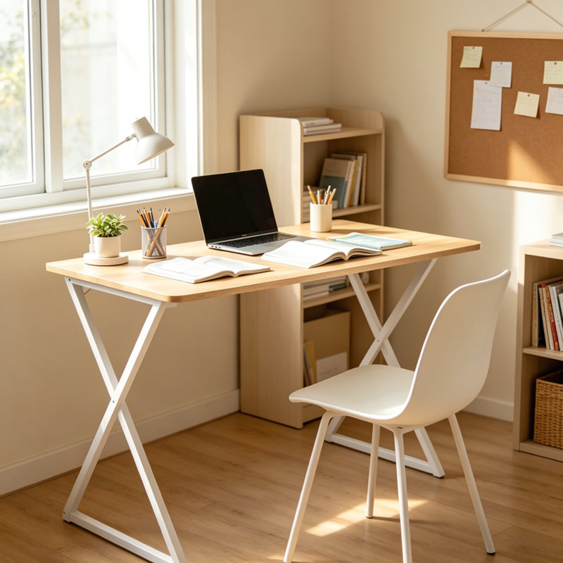 Bureau d'écriture pliable avec finition en chêne et crochets de rangement latéraux