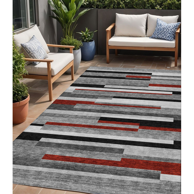 Tapis intérieur lavable rayé rouge 5 pi x 8 pi