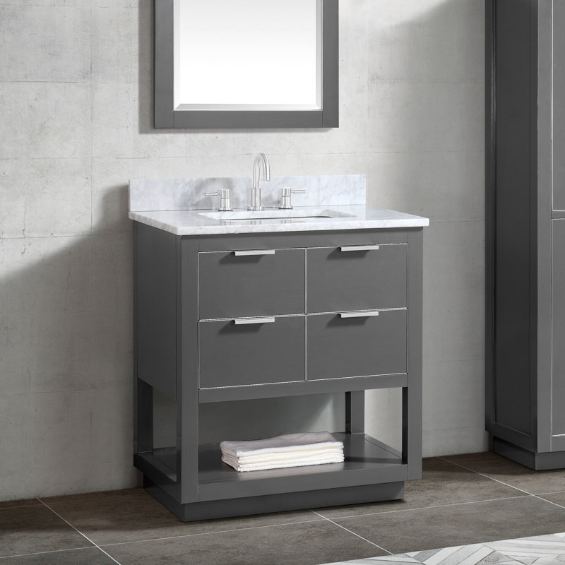 Meuble-lavabo simple 30 po Allie, Marbre blanc de Carrare / argent, Gris crépuscule