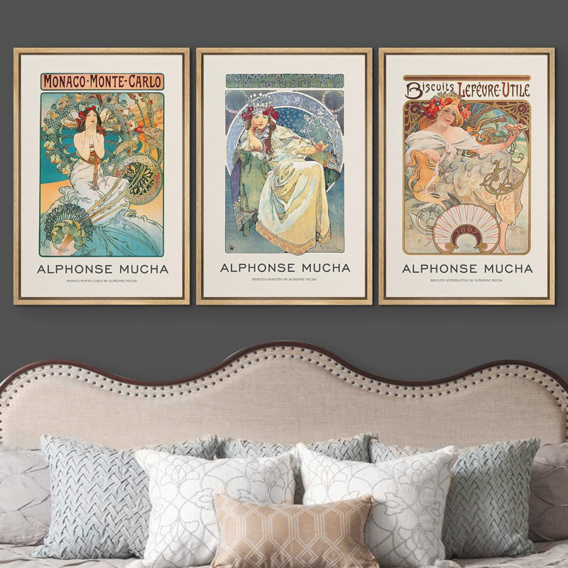 Œuvre d'art classique classique, femmes, 3 pièces, Alphonse Mucha Nouveau, H 36 po x l 24 po x P 1,5 po