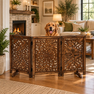 Barrière pliante pour chien en bois à 3 panneaux avec motif circulaire