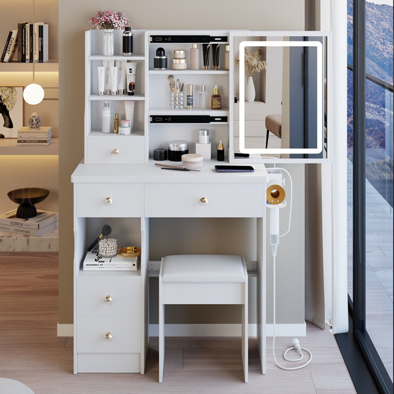 Petit meuble-lavabo de 29,2 po avec tiroir à gauche + tabouret rembourré, 2 blocs d'alimentation CA + 2 ports USB, support pour sèche-cheveux, très grand miroir coulissant à commande tactile à DEL, réglage de la luminosité tricolore, réglage de la luminosité