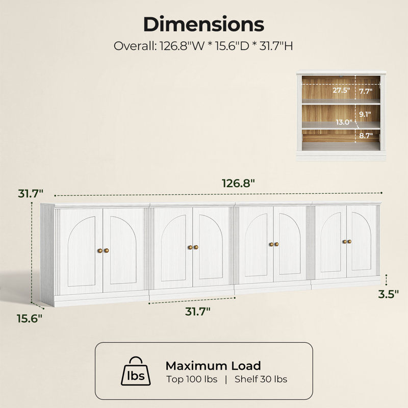 Buffet modulaire moderne Monos avec portes cintrées et placards bas, blanc, Blanc