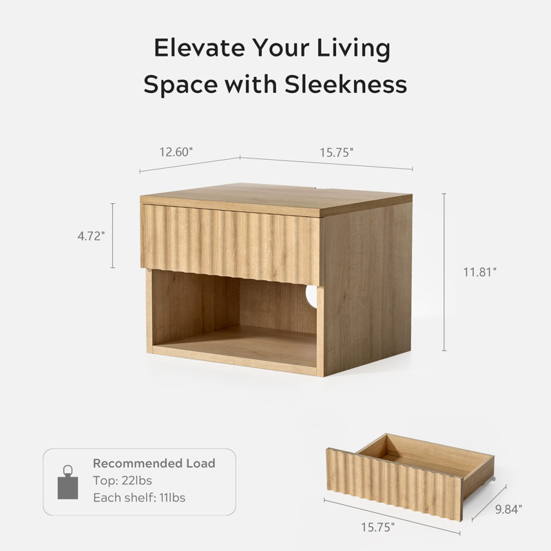 Drawer Wall-Mounted Nightstand With Open Cubby, Oak, Set of 2