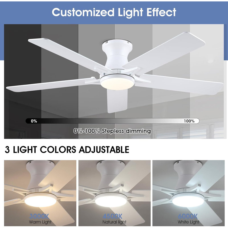Ventilateurs de plafond à profil bas de 52 po à 5 pales avec lumières et télécommande / application, Blanc