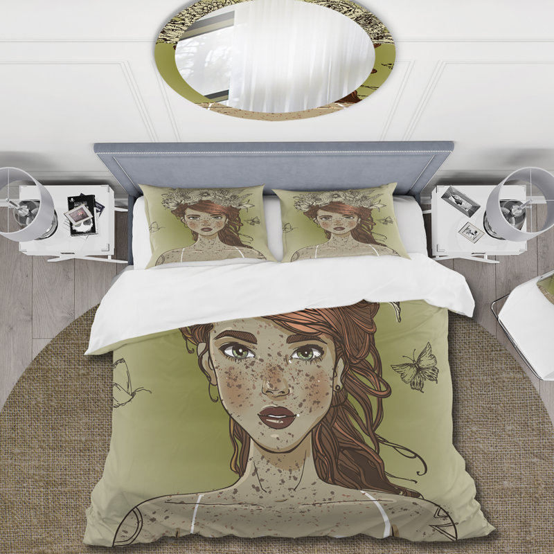 Jeune belle femme avec guirlande de fleurs - ensemble de housse de couette moderne - microfibre de polyester