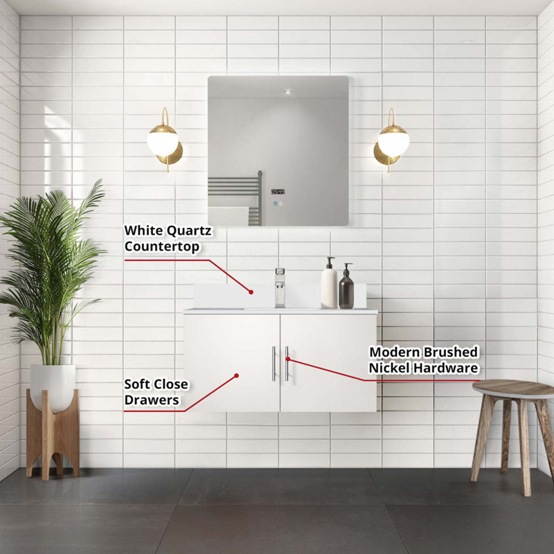 Ensemble de meuble-lavabo avec robinet et miroir DEL, Blanc lustré, 36"