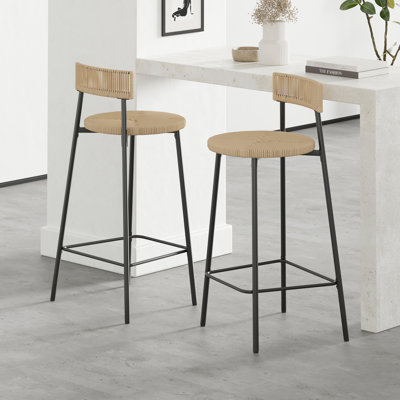 2 tabourets de bar tissés à la main, assise et dossier en corde de papier, structure en métal noir, abat-jour miel, repose-pieds, hauteur de 26,57 po, pour salle à manger avec îlot de cuisine,