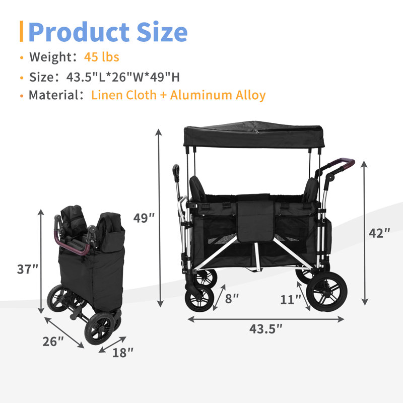 Stroller Wagon For 2 Kids,  Wagon Cart Featuring 2 High Seat With 5-point Harnesses And Adjustable Canopy, Foldable Push-pull Rod Wagon Stroller For Garden, Stroller, Camping, Grocery Cart
