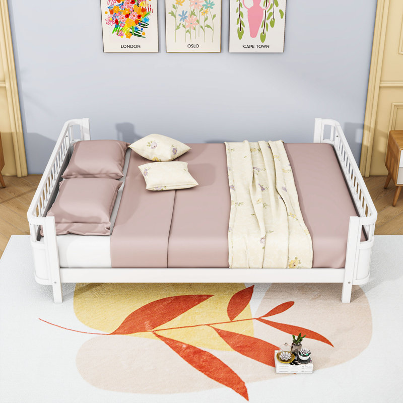 Lit plateforme en bois avec rails, White