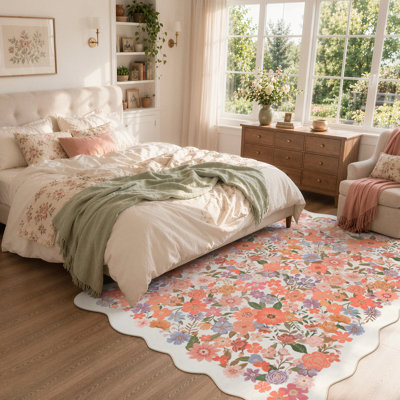  Tapis lavable rétro à bordure festonnée et motif floral à poils courts pour le salon, la chambre à coucher, l'entrée