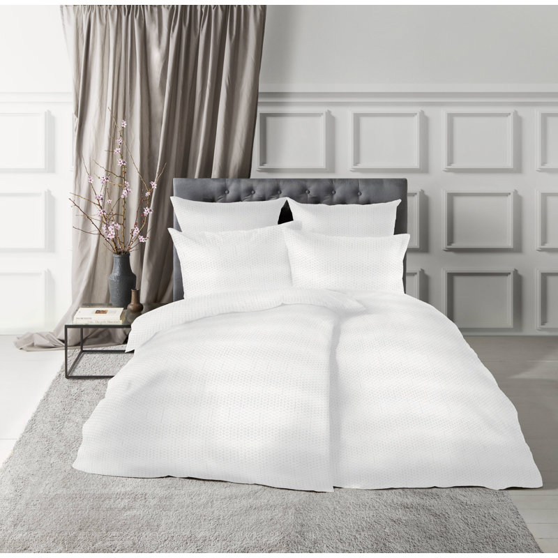 Cotton Damask Duvet Cover Set with Pillowcases, White, Double - 2 Pillowcases (80 x 80 cm)