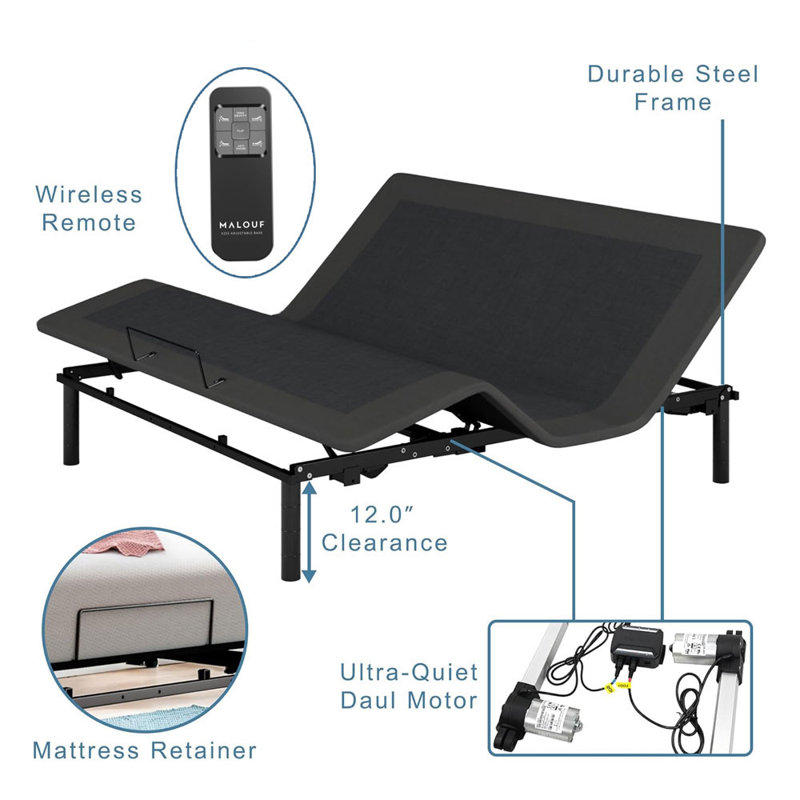  12" Height Adjustable Bed Frame With Wireless Remote, Back leg lift+adjustable bed legs+child lock, Independent Head & Foot Motors, Height Adjustable Feet, Ergonomic Design