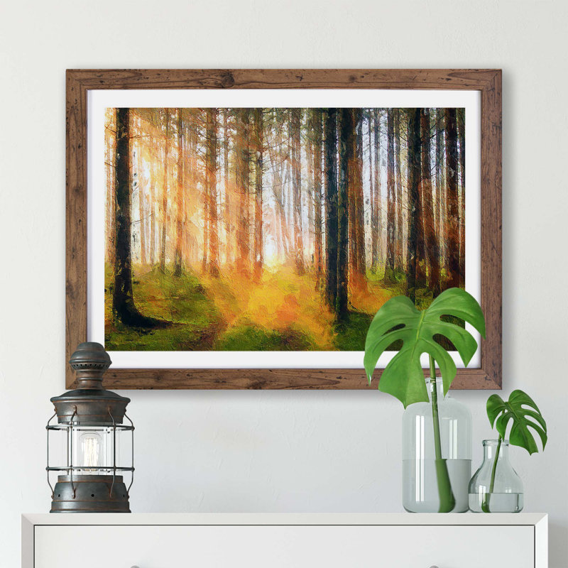 'Rays of Light Through an Autumn Forest' - Picture Frame Painting Print on Paper, 24cm H x 33cm W x 2cm D, Walnut