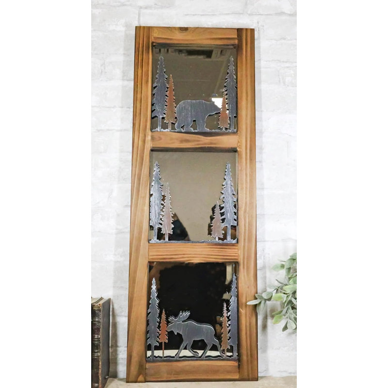 Large 30"H Western Rustic Bear And Moose In Pine Trees Forest Wooden Wall Mirror