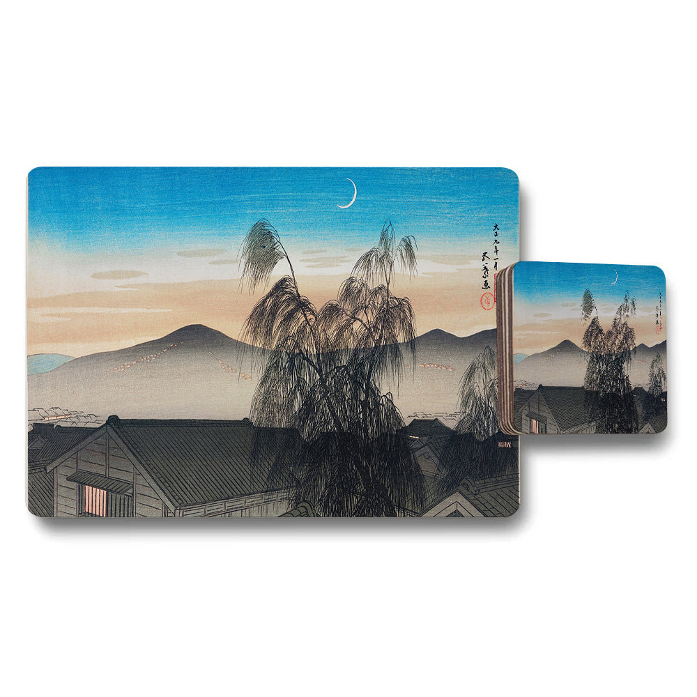Japanese Style Moonlit Village Landscape Placemat and Coaster Set