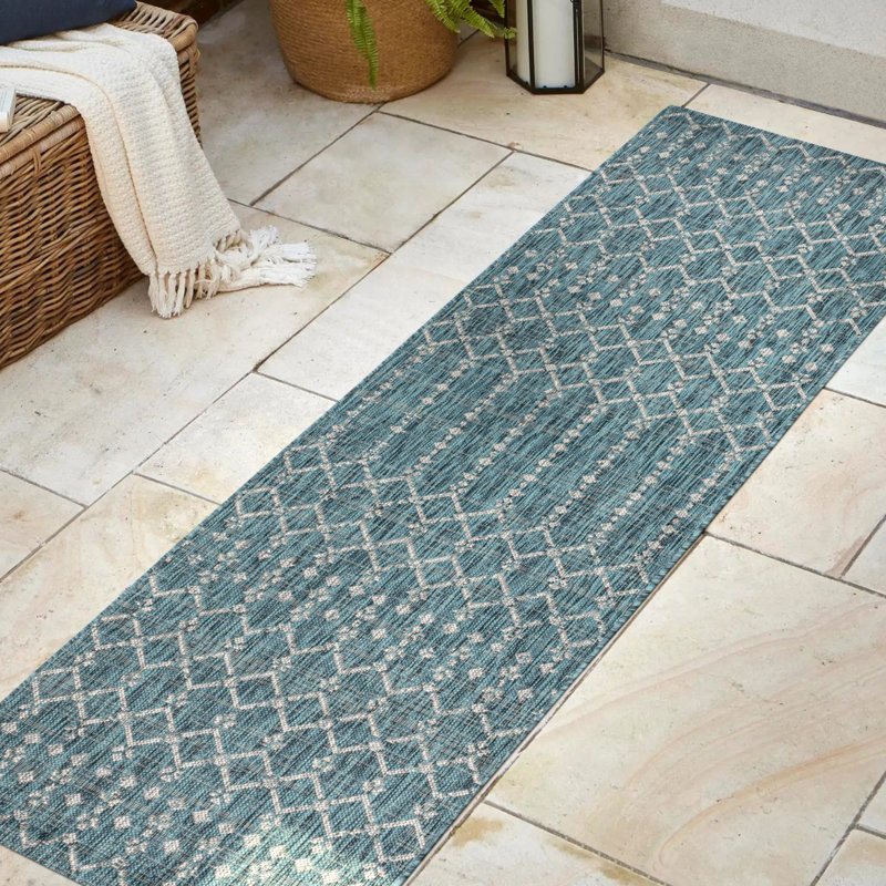 Tapis d'intérieur / extérieur Crompton, Bleu sarcelle / Gris, Tapis de couloir 2 pi 2 po x 8 pi