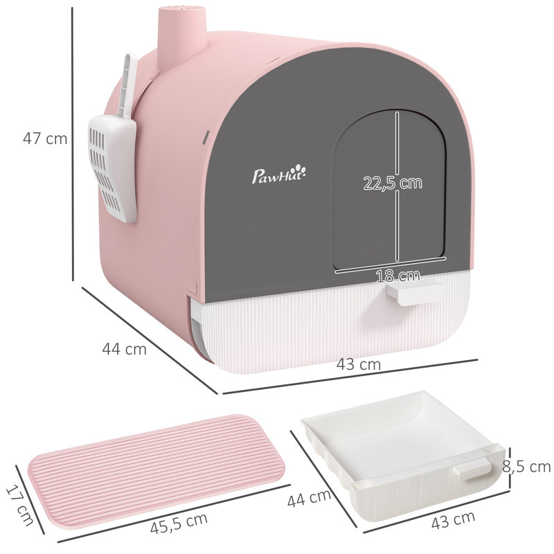 Plastic Litter Box Enclosure with Scoop, Pink/Grey/White