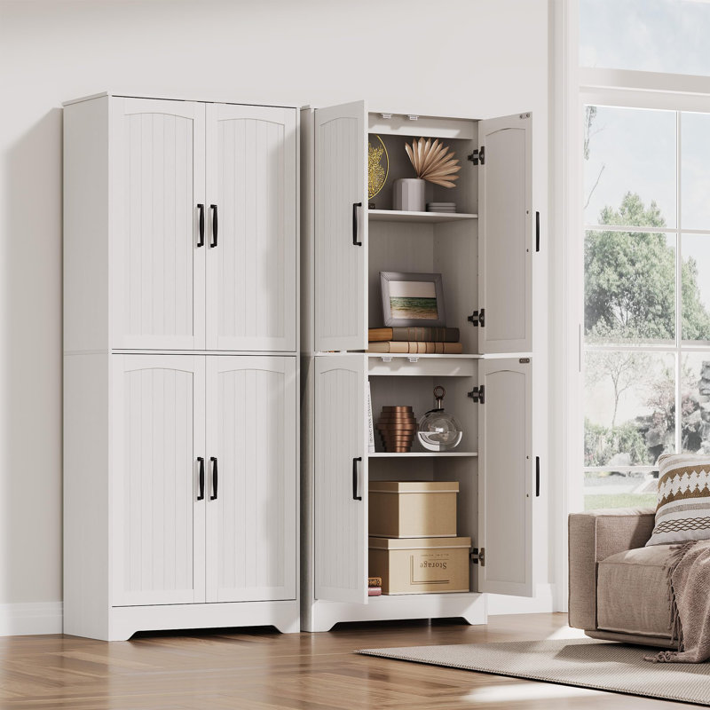 Armoire de cuisine 71 po avec 4 portes et tablettes réglables Farmhouse, Blanc