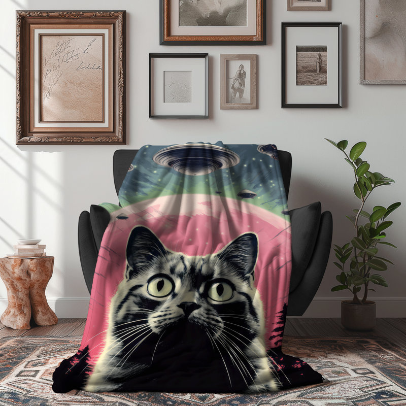 «Alien Observer Cat» - couverture en sherpa de qualité supérieure - reproduction d'art luxueuse, Lit simple