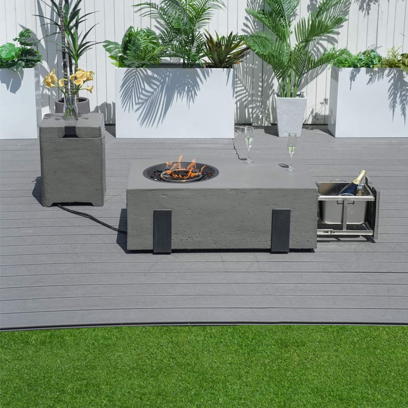 Firepit Table Set With Stainless Steel Ice Bucket & Gas Tank Side Table, Gray