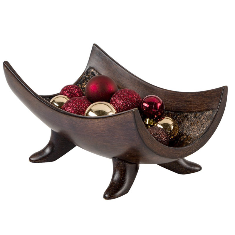 Handcrafted Walnut Decorative Bowl with Stand and Mosaic Design