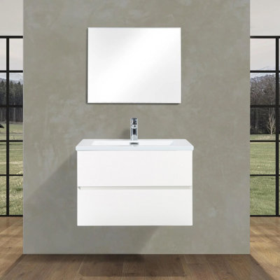 Villano 30-inch W x 19-inch D 2-Drawer Wall-Mounted Bathroom Vanity with Single Sink and White Polymarble Countertop