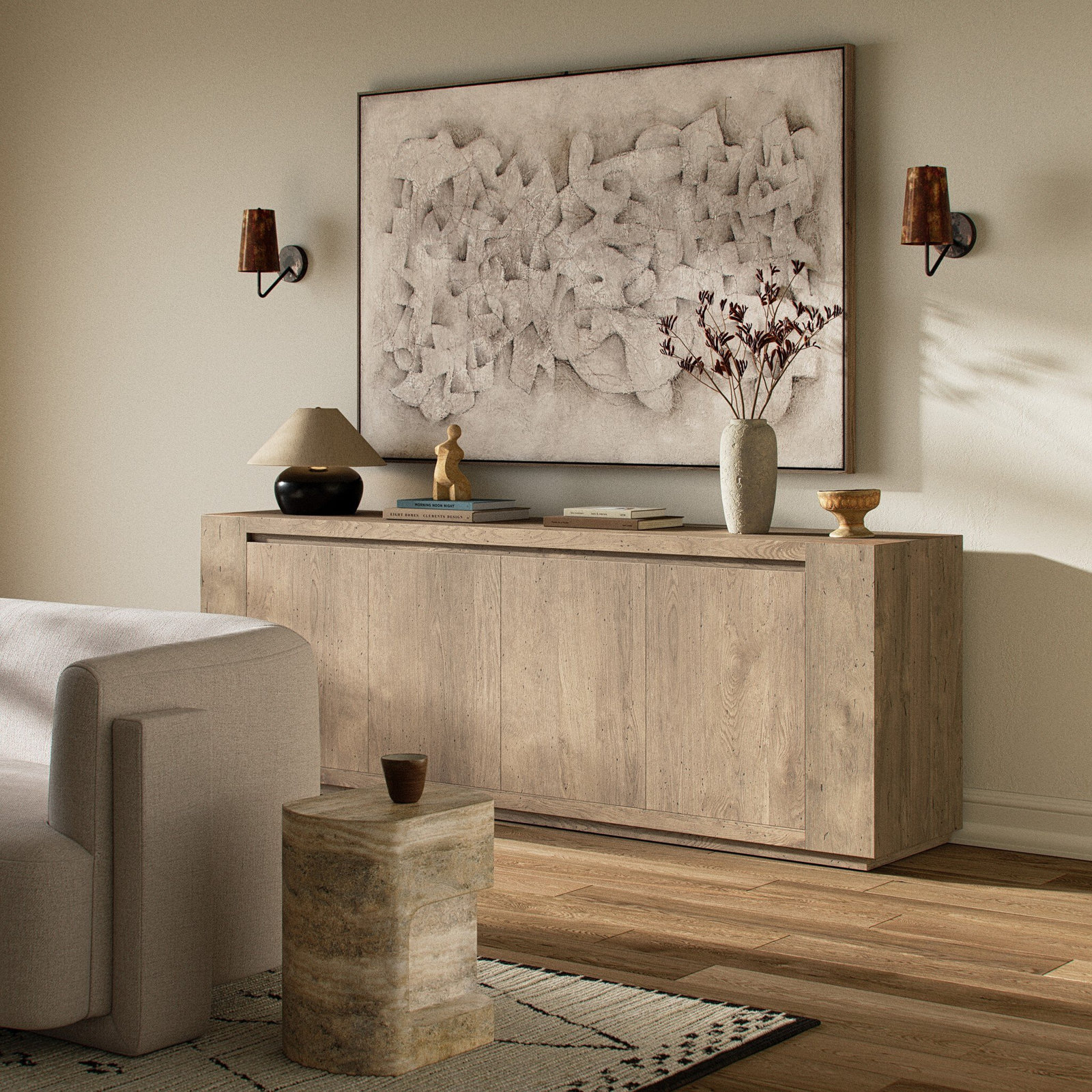 Lockney 94.5'' Sideboard, Whitewash Rustic Wormwood Oak