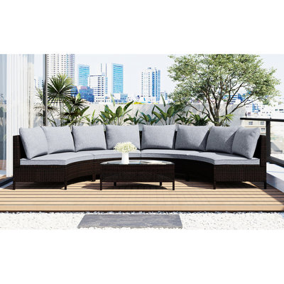 Mobilier modulaire d'extérieur confortable - 5 pièces avec PE, coussins gris et eau de table en verre - Coussins, trempé léger