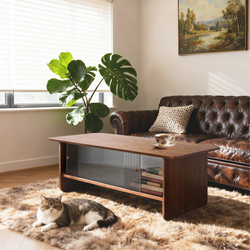 Table basse rectangulaire moderne et minimaliste de 47 pouces avec armoire de rangement avec portes coulissantes en verre, idéale pour les salons, les chambres à coucher et les bureaux, facile à assembler