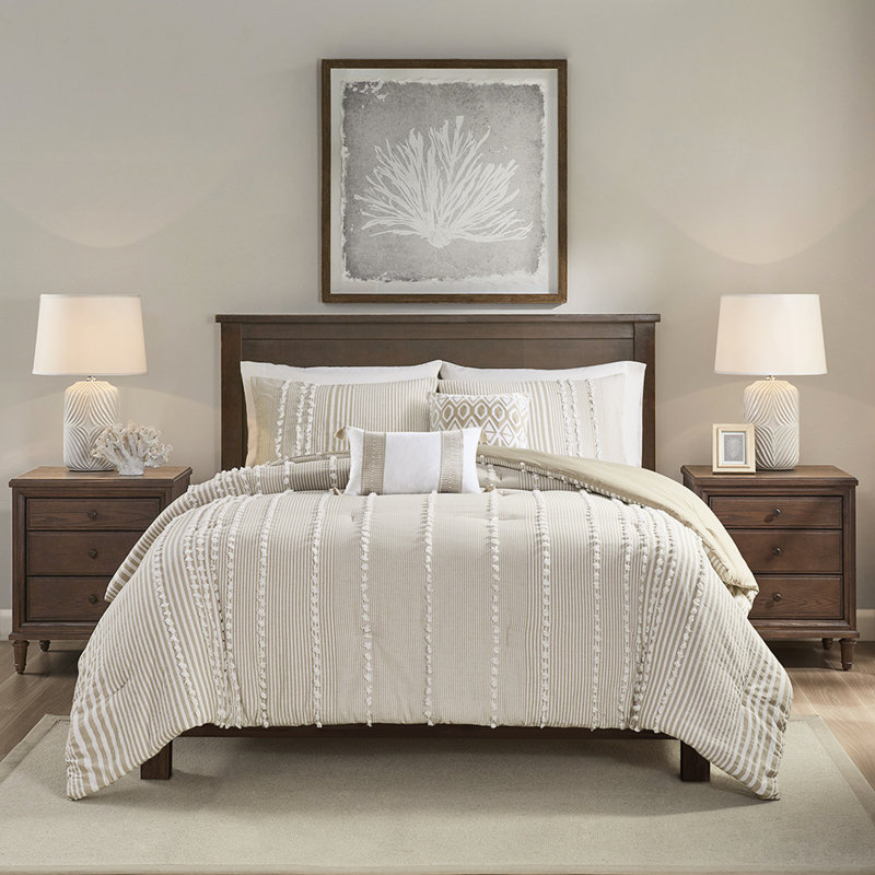 Édredon très grand surdimensionné - 100% coton teint, rayures taupe blanches, confortable