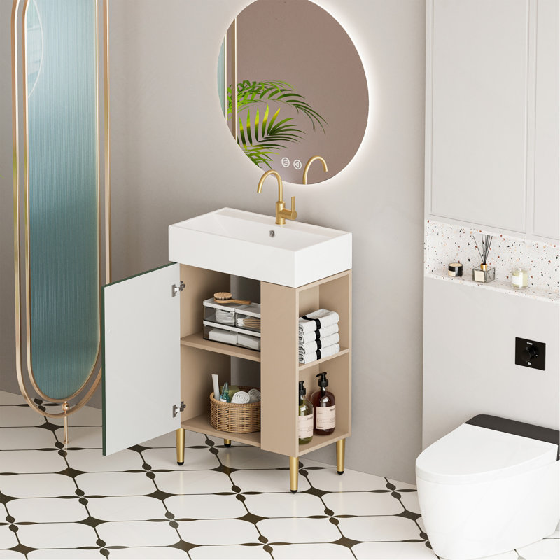 Meuble-lavabo à tablettes ouvertes de 21,6 po avec lavabo en céramique, porte à fermeture en douceur, tablette de rangement à droite, assemblage requis, vert