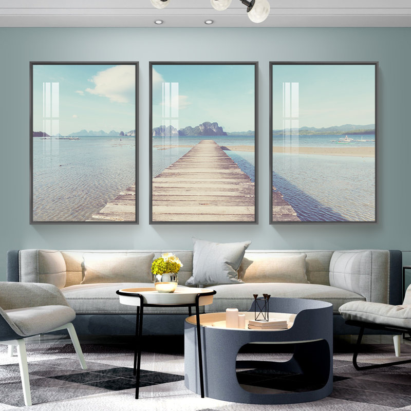 Bord de mer - Photographie flottante sur toile 3 pièces, H 48,3 po x l 72,9 po x P 1,65 po, Noir