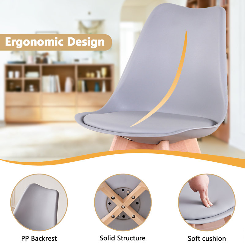 42.5cm Modern style Dining Chair, Padded Plastic Side Chair with Solid Wood Legs, Grey, 6