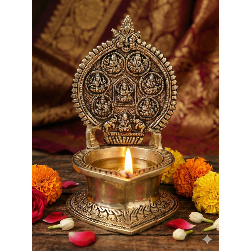 Lampe en laiton Ashtalakshmi Diya faite à la main de 7 pouces - propice à plusieurs déesses Lakshmi pour Puja, rituels et décoration spirituelle