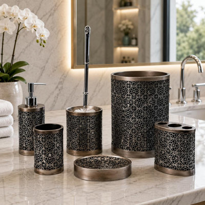 Ensemble d'accessoires de salle de bain décoratif noir 6 pièces avec distributeur de savon, gobelet et corbeille à papier