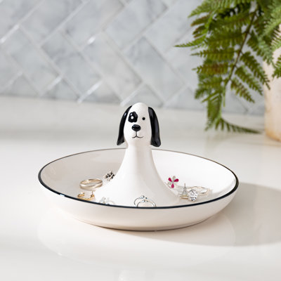 7.13-in L Black and White Porcelain Dog Themed Ring Dish