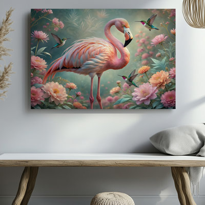 Flamant rose avec colibris et jardin floral, art mural sur toile pour le salon, la chambre à coucher, le bureau, le couloir, le vestibule, le mur de la galerie et la décoration intérieure moderne