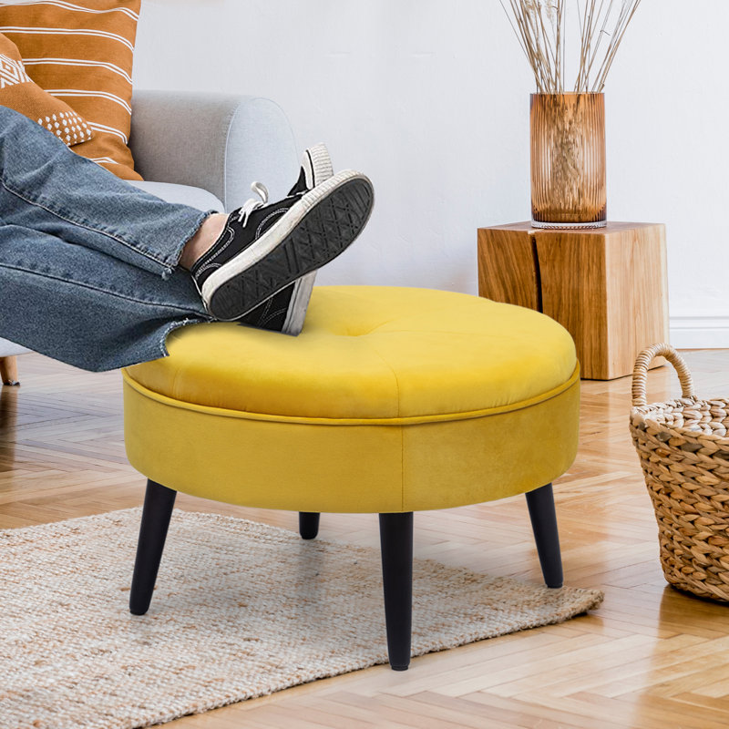 Kean Velvet Ottoman, Yellow Microfiber/Microsuede, Black