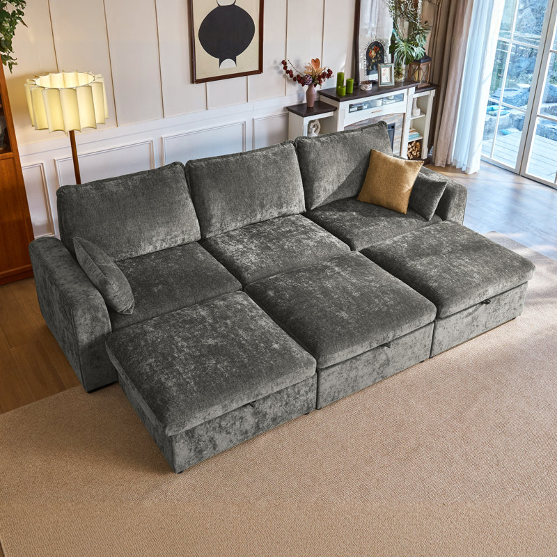 Canapé-lit modulaire surdimensionné 6 places en chenille confortable avec rangement, canapé-lit modulaire convertible profond avec 3 repose-pieds