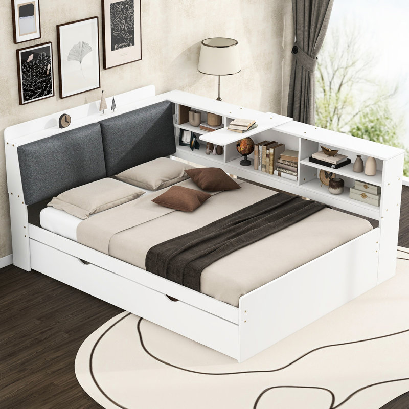Lit plateforme en bois blanc avec lit gigogne, tablettes de tête de lit et espace supplémentaire - rangement efficace, tablettes conçues par l'utilisateur