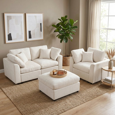 Ensemble de canapé modulaire 3 pièces U-Style, chenille, 2 places + fauteuil + repose-pieds