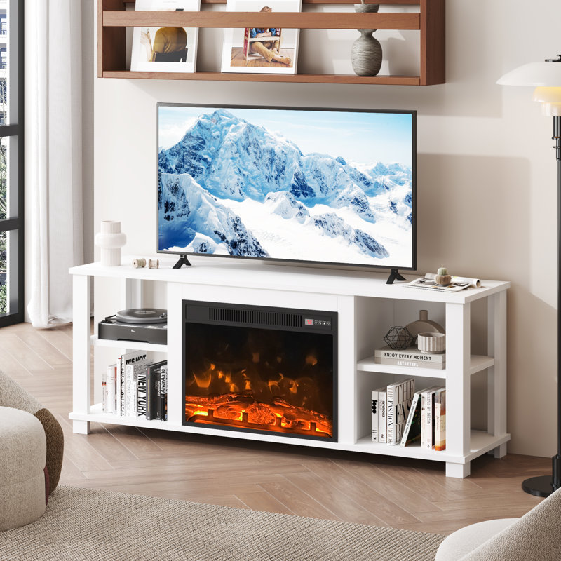 Crédence de rangement Brayanna avec foyer électrique inclus, Blanc