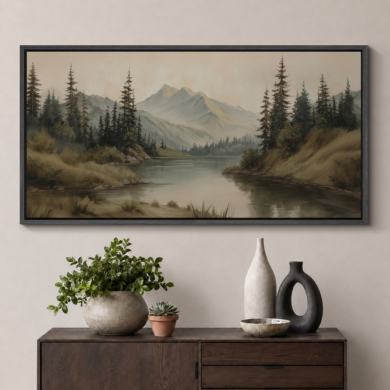 «Misty Mountain Lake with Pine Forest», reproduction d'art sur toile encadrée très grande, Cadre flottant noir